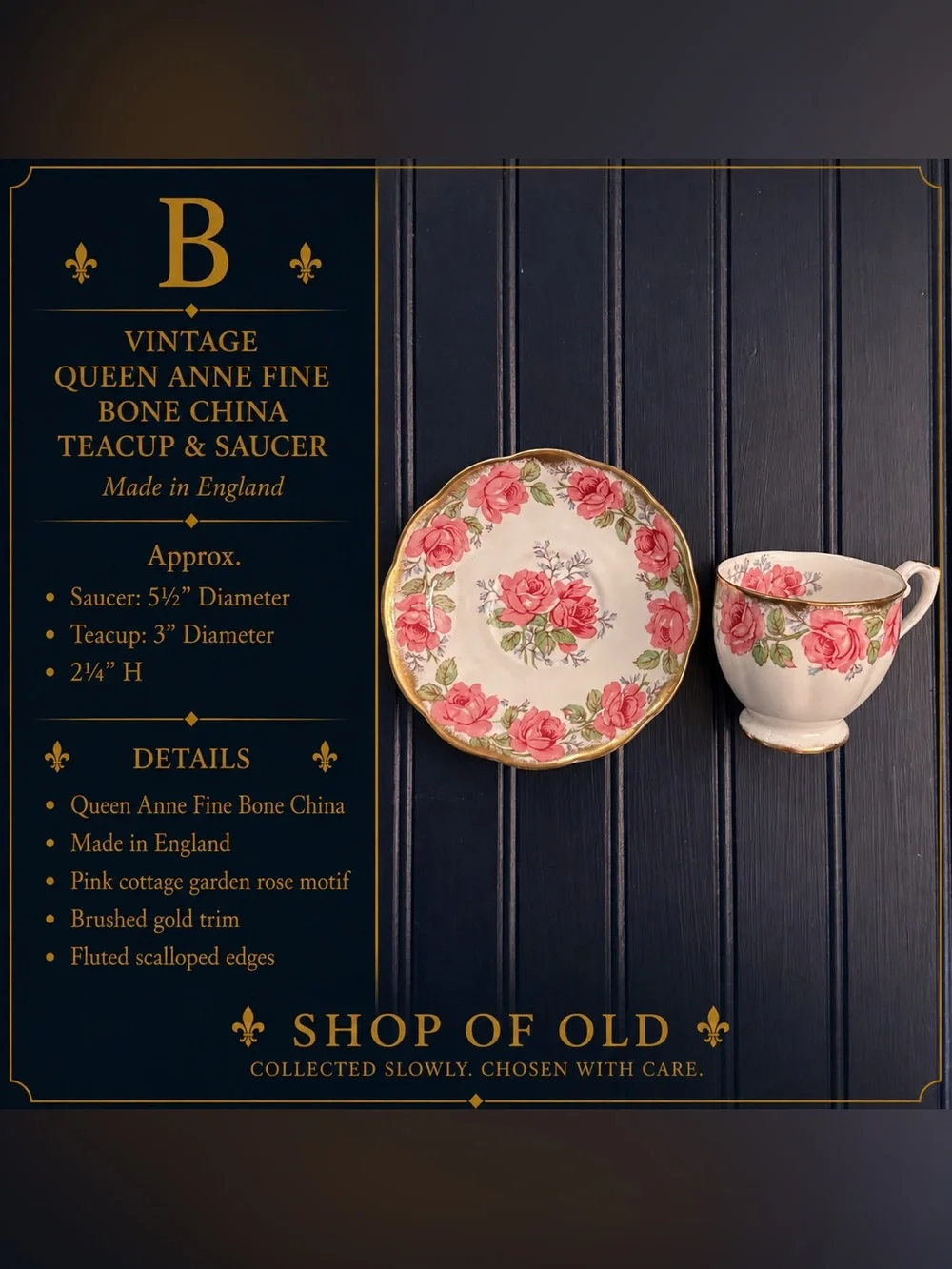Vintage Queen Anne Fine Bone China Teacup & Saucer | Pink Rose Pattern
